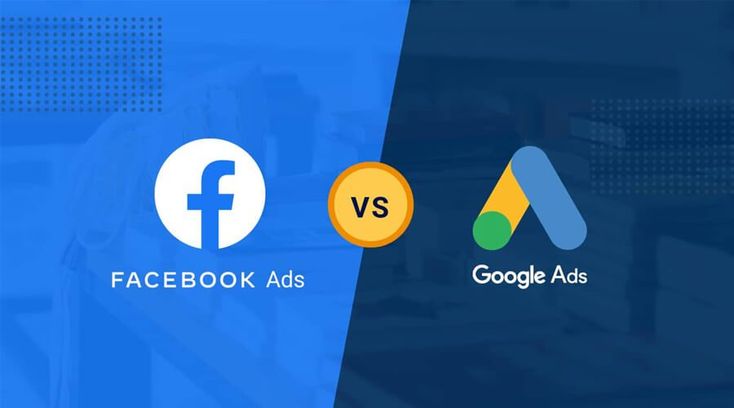 Perbandingan Google Ads vs Facebook Ads dengan latar belakang biru terbagi dua menampilkan logo facebook Ads di sisi kiri dan logo Google Ads di sisi kanan