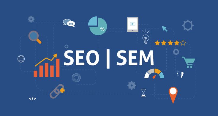 Ilustrasi konsep digital marketing menampilkan grafik pertumbuhan, ikon SEO dan SEM, serta elemen analitik yang merepresentasikan strategi bisnis online