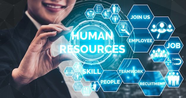 Ilustrasi digitalisasi HR software dengan ikon seperti rekrutmen, teamwork, skill, dan job, mencerminkan optimalisasi manajemen SDM modern.