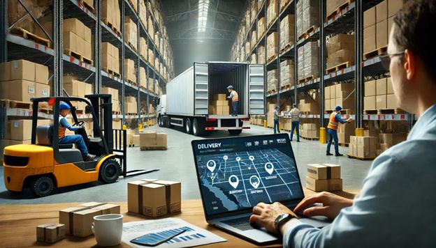 Seorang profesional memantau sistem logistik digital di gudang modern sebagai bagian dari implementasi sertifikasi supply chain di era industri 4.0.