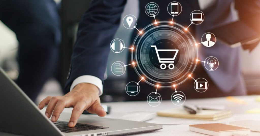 Ilustrasi strategi procurement digital dengan ikon e-procurement dan konektivitas global, menampilkan profesional bisnis menggunakan laptop dan tablet.